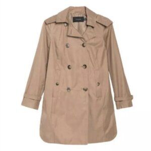 Tahari Sara Double Breasted Trench Coat beige tan removable hood size large